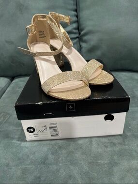 Shimmer Ankle-Strap Heels in Gold